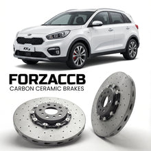 ForzaCCB direct OEM replacement carbon ceramic brake rotors for 2015 to 2017 Kia KX3 models, shown with a white Kia KX3 car.