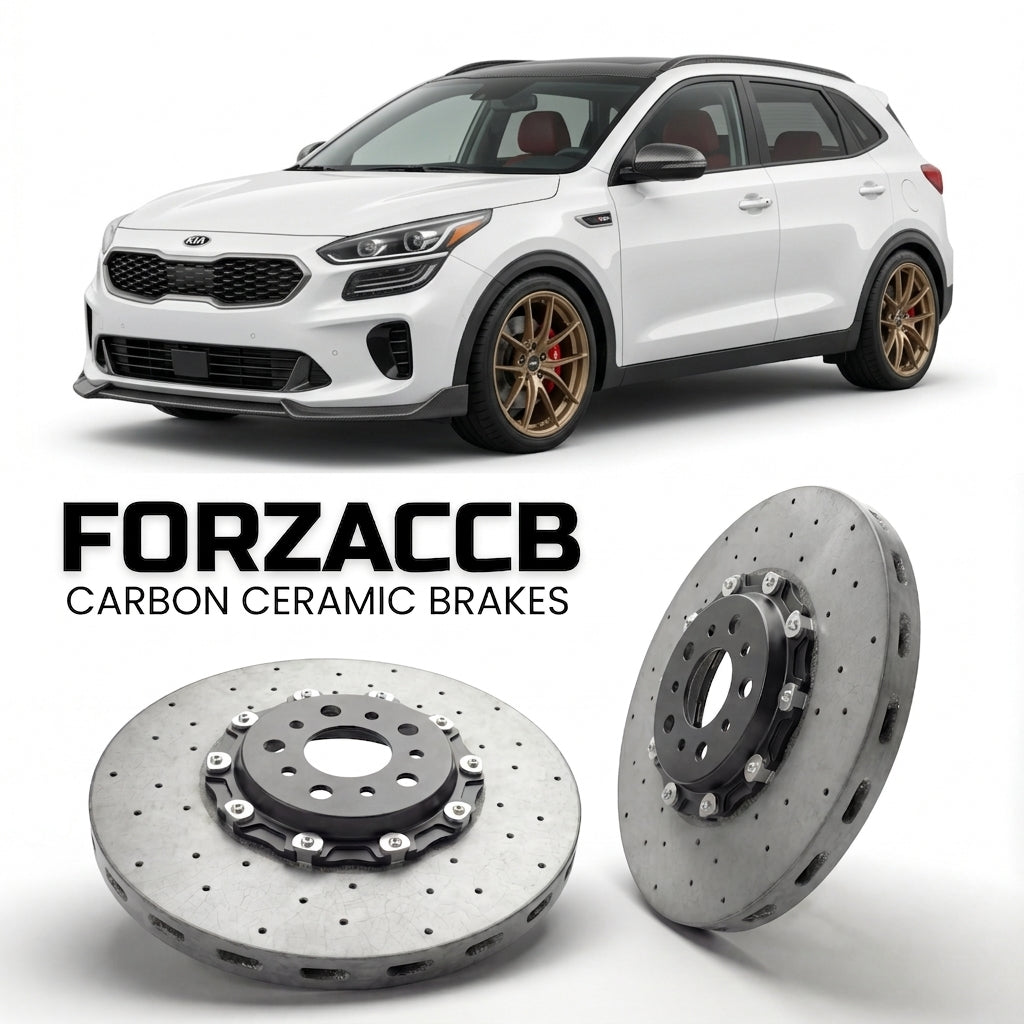 ForzaCCB direct OEM replacement carbon ceramic brake rotors for 2017 and newer Kia KX3 facelift 2017 models, shown with a white Kia KX3 car.