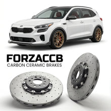 ForzaCCB direct OEM replacement carbon ceramic brake rotors for 2017 and newer Kia KX3 facelift 2017 models, shown with a white Kia KX3 car.