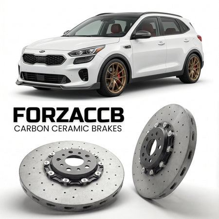 ForzaCCB direct OEM replacement carbon ceramic brake rotors for 2017 and newer Kia KX3 facelift 2017 models, shown with a white Kia KX3 car.