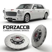 ForzaCCB direct OEM replacement carbon ceramic brake rotors for 2014 and newer Hongqi L5 models, shown with a white Hongqi L5 car.