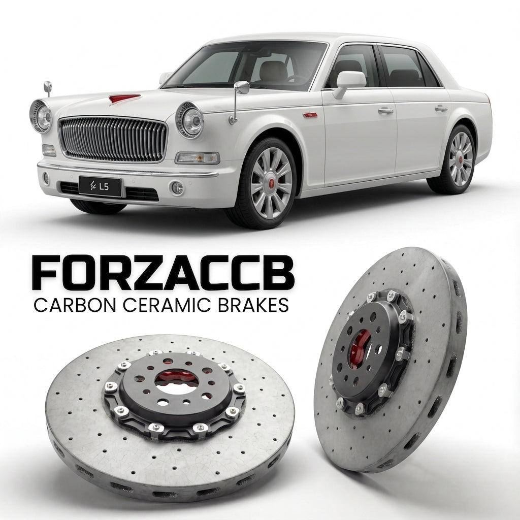 ForzaCCB direct OEM replacement carbon ceramic brake rotors for 2014 and newer Hongqi L5 models, shown with a white Hongqi L5 car.