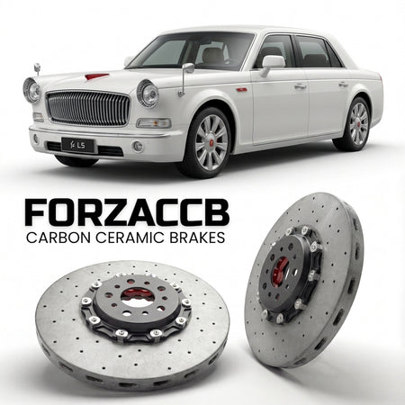 ForzaCCB direct OEM replacement carbon ceramic brake rotors for 2014 and newer Hongqi L5 models, shown with a white Hongqi L5 car.