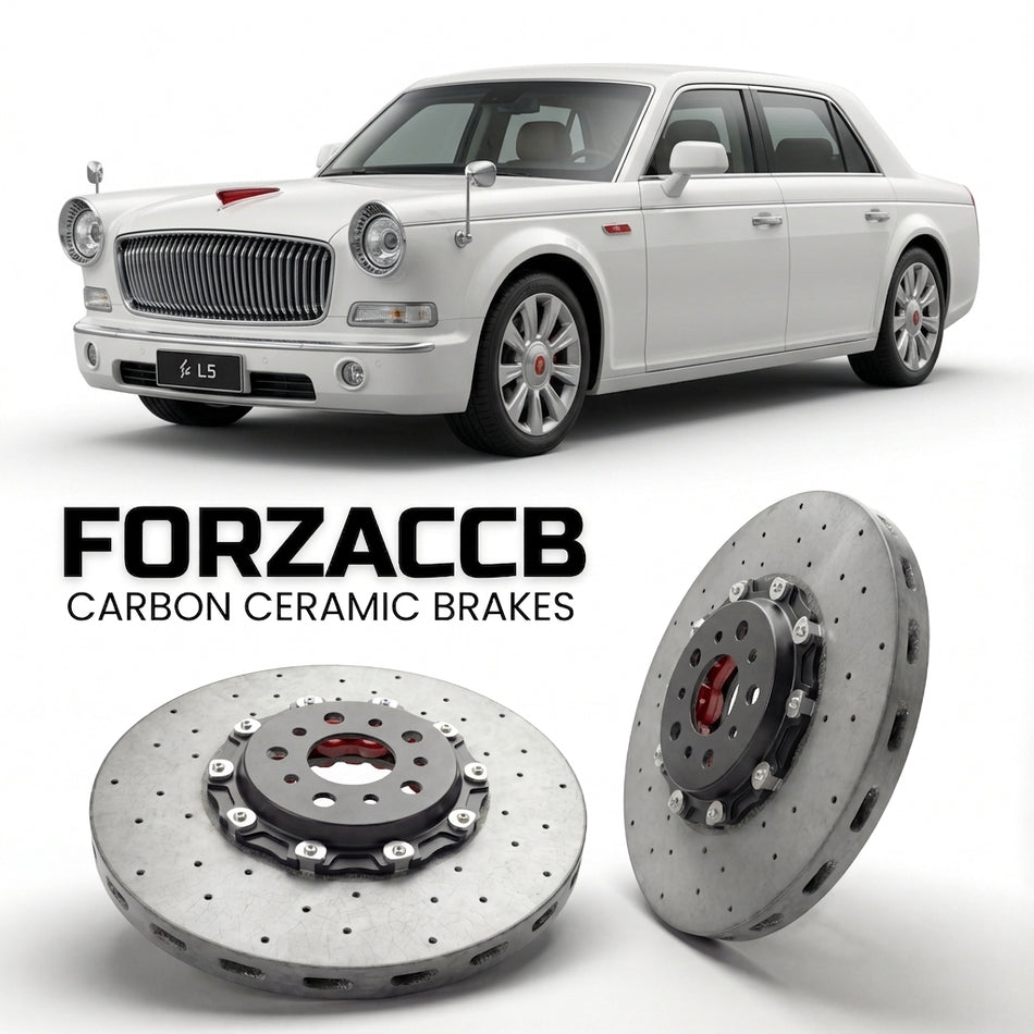 ForzaCCB direct OEM replacement carbon ceramic brake rotors for 2014 and newer Hongqi L5 models, shown with a white Hongqi L5 car.