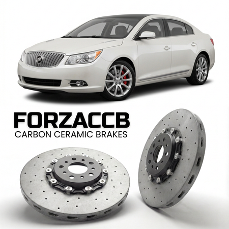 ForzaCCB direct OEM replacement carbon ceramic brake rotors for 2008-2009) Buick LaCrosse I (facelift 2008 models, shown with a white Buick LaCrosse car.