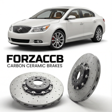 ForzaCCB direct OEM replacement carbon ceramic brake rotors for 2009 to 2013 Buick LaCrosse II models, shown with a white Buick LaCrosse car.