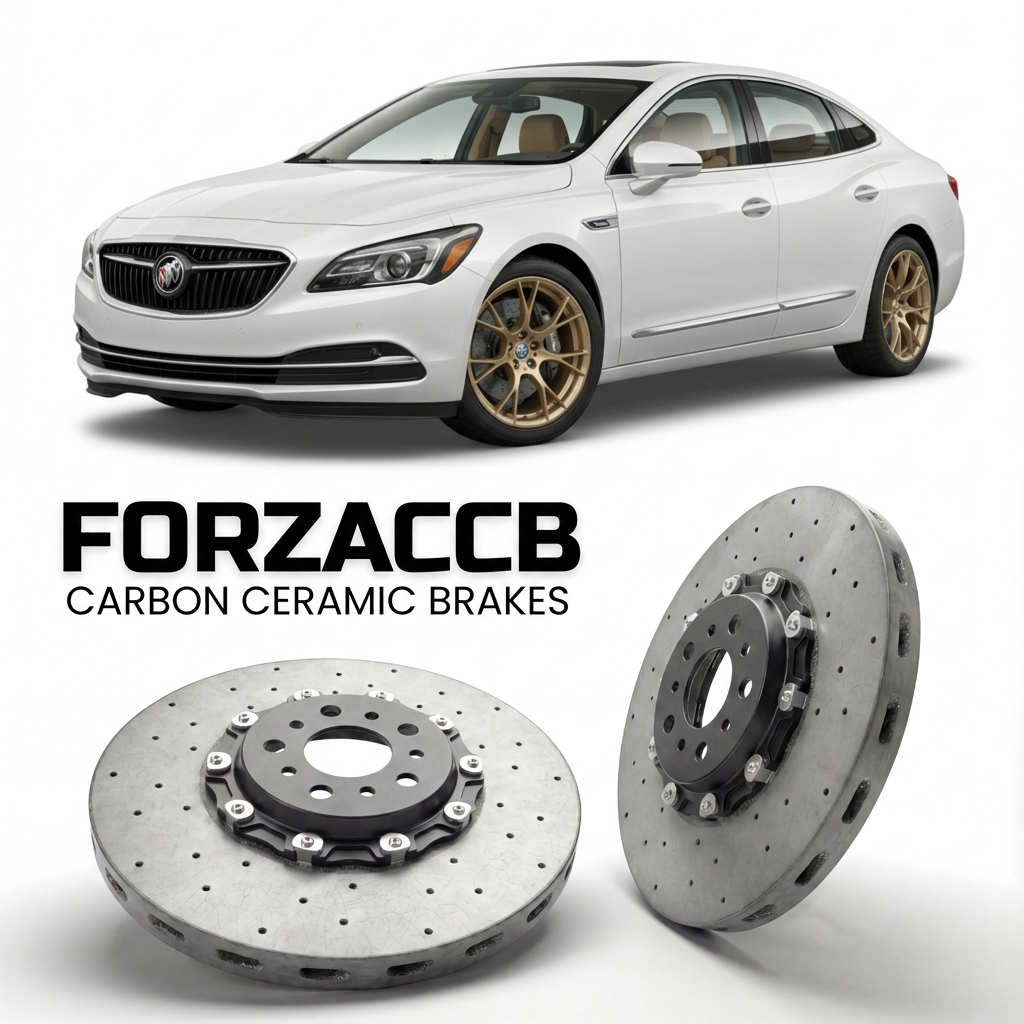 ForzaCCB direct OEM replacement carbon ceramic brake rotors for 2017 to 2019 Buick LaCrosse III models, shown with a white Buick LaCrosse car.