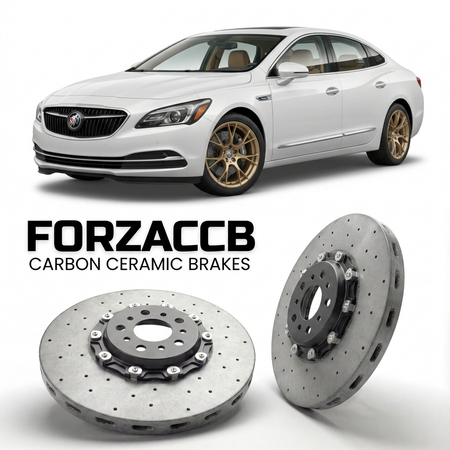 ForzaCCB direct OEM replacement carbon ceramic brake rotors for 2017 to 2019 Buick LaCrosse III models, shown with a white Buick LaCrosse car.