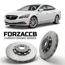 ForzaCCB direct OEM replacement carbon ceramic brake rotors for 2017 to 2019 Buick LaCrosse III China models, shown with a white Buick LaCrosse car.