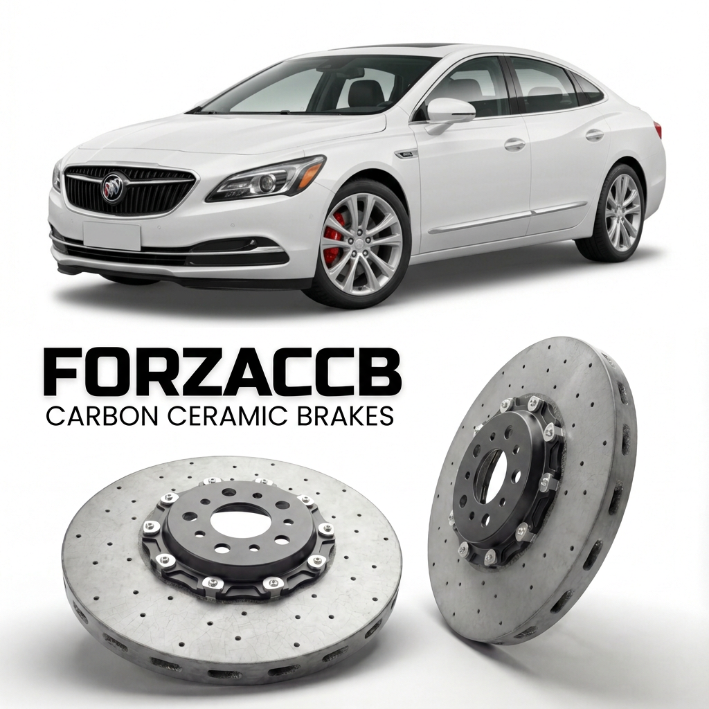 ForzaCCB direct OEM replacement carbon ceramic brake rotors for 2017 to 2019 Buick LaCrosse III China models, shown with a white Buick LaCrosse car.