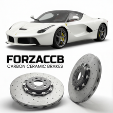 ForzaCCB direct OEM replacement carbon ceramic brake rotors for 2013 to 2016 Ferrari LaFerrari models, shown with a white Ferrari LaFerrari car.