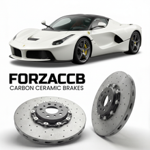 ForzaCCB direct OEM replacement carbon ceramic brake rotors for 2016 to 2018 Ferrari LaFerrari Aperta models, shown with a white Ferrari LaFerrari Aperta car.