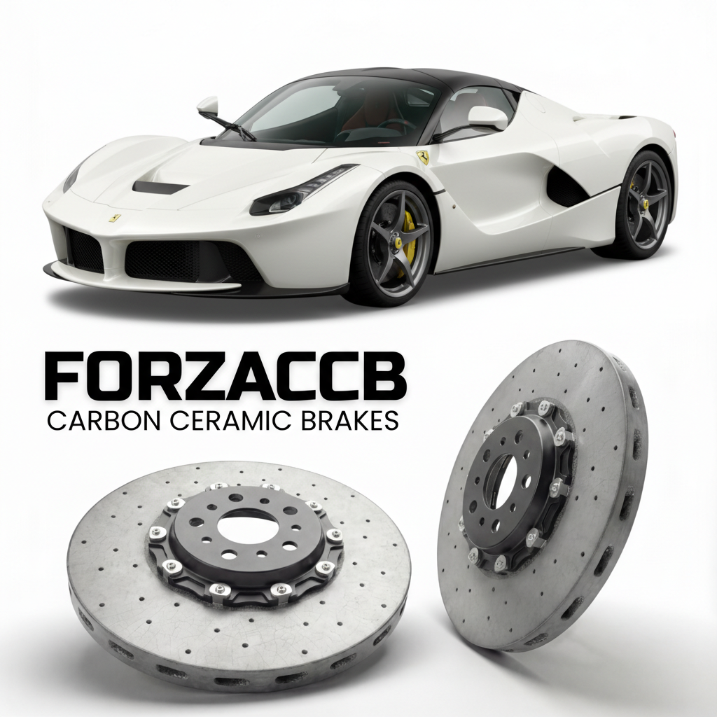 ForzaCCB direct OEM replacement carbon ceramic brake rotors for 2016 to 2018 Ferrari LaFerrari Aperta models, shown with a white Ferrari LaFerrari Aperta car.