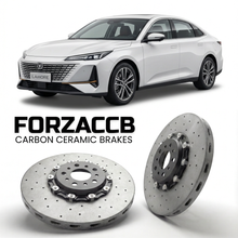 ForzaCCB direct OEM replacement carbon ceramic brake rotors for 2023 to 2024 ChangAn Lamore models, shown with a white ChangAn Lamore car.