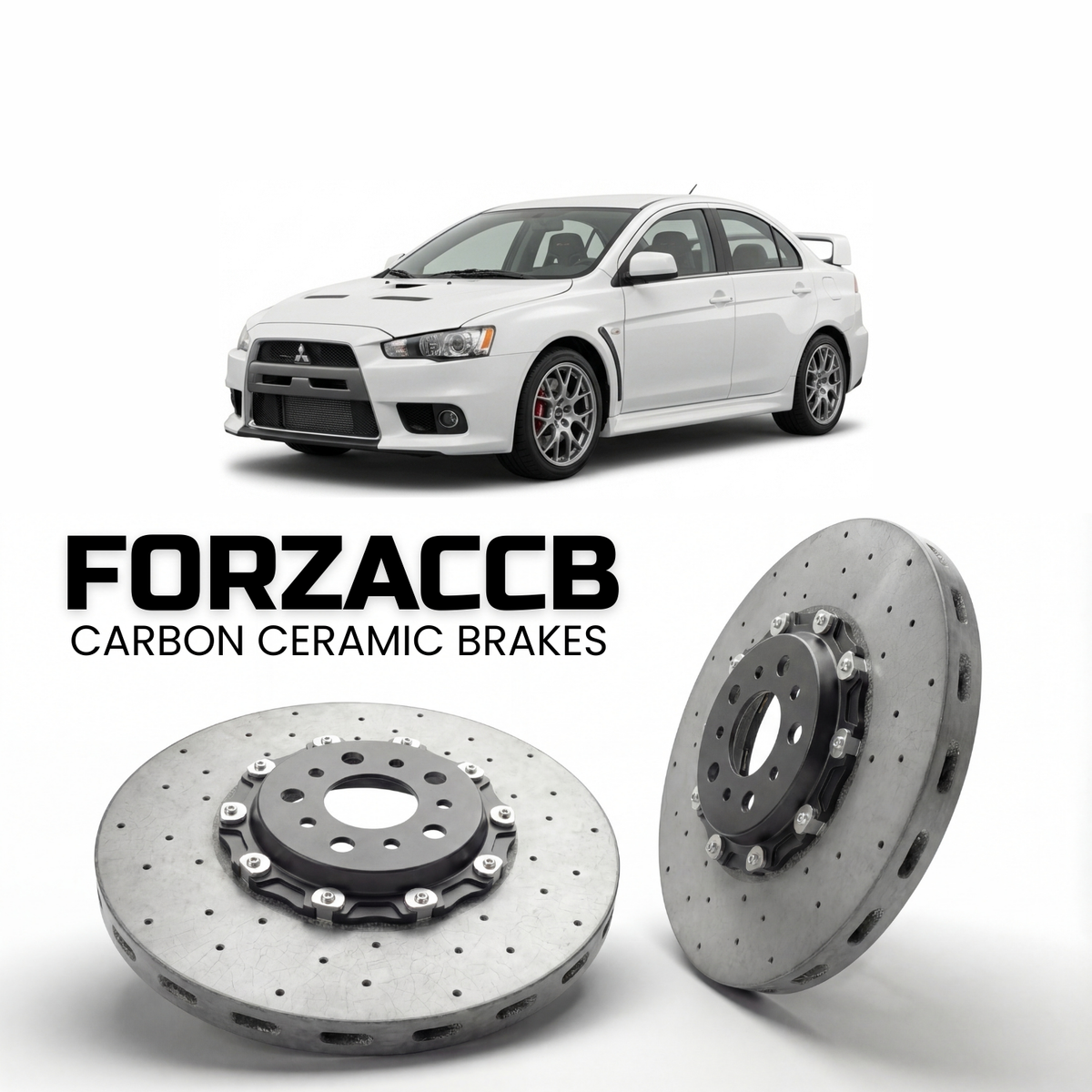 ForzaCCB direct OEM replacement carbon ceramic brake rotors for 1995 to 2015 Mitsubishi Lancer Evolution models, shown with a white Mitsubishi Lancer Evolution car.