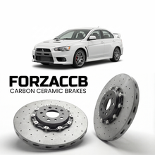 ForzaCCB direct OEM replacement carbon ceramic brake rotors for 1995 to 2015 Mitsubishi Lancer Evolution models, shown with a white Mitsubishi Lancer Evolution car.