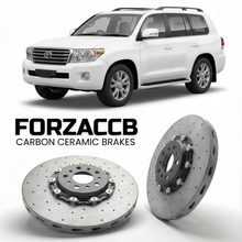 ForzaCCB direct OEM replacement carbon ceramic brake rotors for 2007 to 2021 Toyota Land Cruiser 200 J200 models, shown with a white Toyota Land Cruiser 200 car.