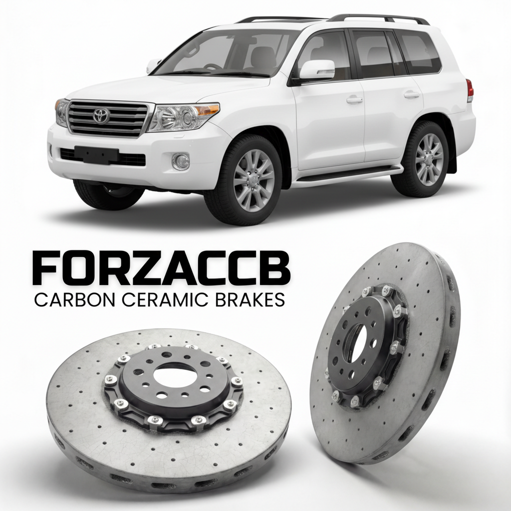 ForzaCCB direct OEM replacement carbon ceramic brake rotors for 2007 to 2021 Toyota Land Cruiser 200 J200 models, shown with a white Toyota Land Cruiser 200 car.