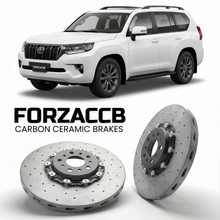 ForzaCCB direct OEM replacement carbon ceramic brake rotors for 2024 and newer Toyota Land Cruiser 250 J250 models, shown with a white Toyota Land Cruiser 250 car.