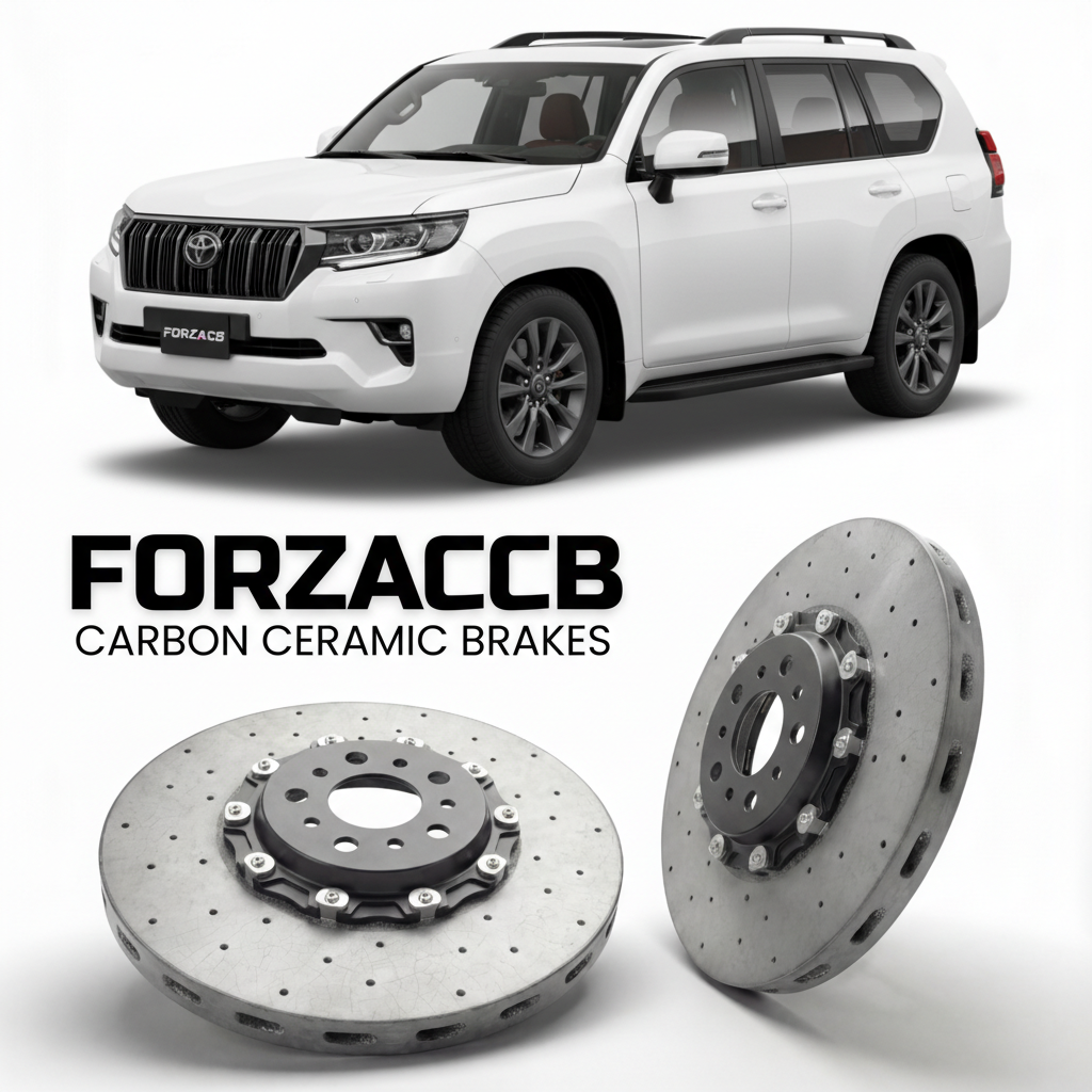 ForzaCCB direct OEM replacement carbon ceramic brake rotors for 2024 and newer Toyota Land Cruiser 250 J250 models, shown with a white Toyota Land Cruiser 250 car.