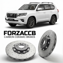 ForzaCCB direct OEM replacement carbon ceramic brake rotors for 2021 and newer Toyota Land Cruiser 300 J300 models, shown with a white Toyota Land Cruiser 300 car.