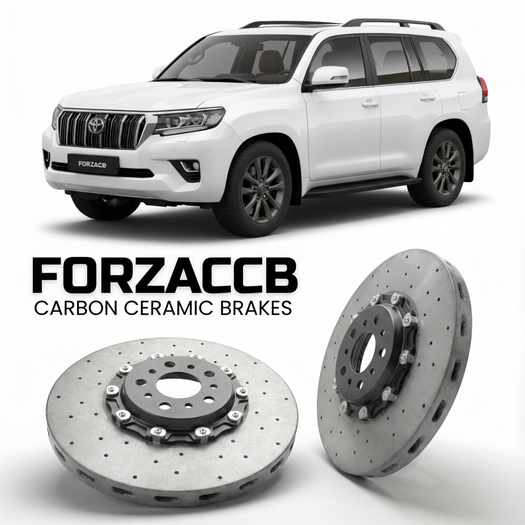 ForzaCCB direct OEM replacement carbon ceramic brake rotors for 2021 and newer Toyota Land Cruiser 300 J300 models, shown with a white Toyota Land Cruiser 300 car.