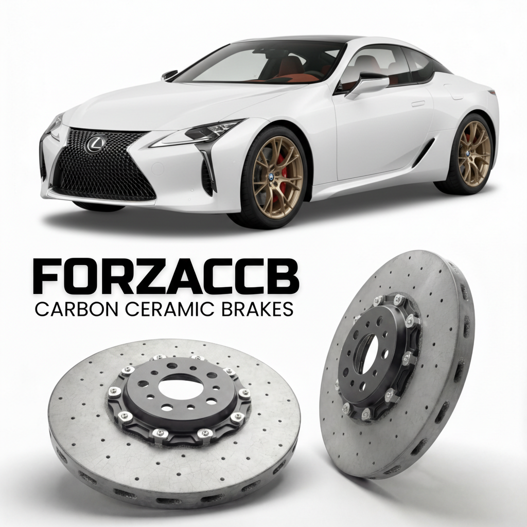 ForzaCCB direct OEM replacement carbon ceramic brake rotors for 2017 and newer Lexus LC 500 Z100 models, shown with a white Lexus LC 500 car.