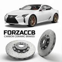 ForzaCCB direct OEM replacement carbon ceramic brake rotors for 2017 and newer Lexus LC 500 Z100 models, shown with a white Lexus LC 500 car.