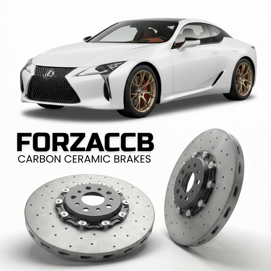 ForzaCCB direct OEM replacement carbon ceramic brake rotors for 2017 and newer Lexus LC 500 Z100 models, shown with a white Lexus LC 500 car.