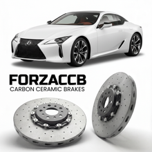 ForzaCCB direct OEM replacement carbon ceramic brake rotors for 2017 and newer Lexus LC 500h Z100 models, shown with a white Lexus LC 500h car.