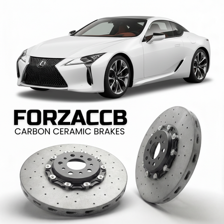 ForzaCCB direct OEM replacement carbon ceramic brake rotors for 2017 and newer Lexus LC 500h Z100 models, shown with a white Lexus LC 500h car.