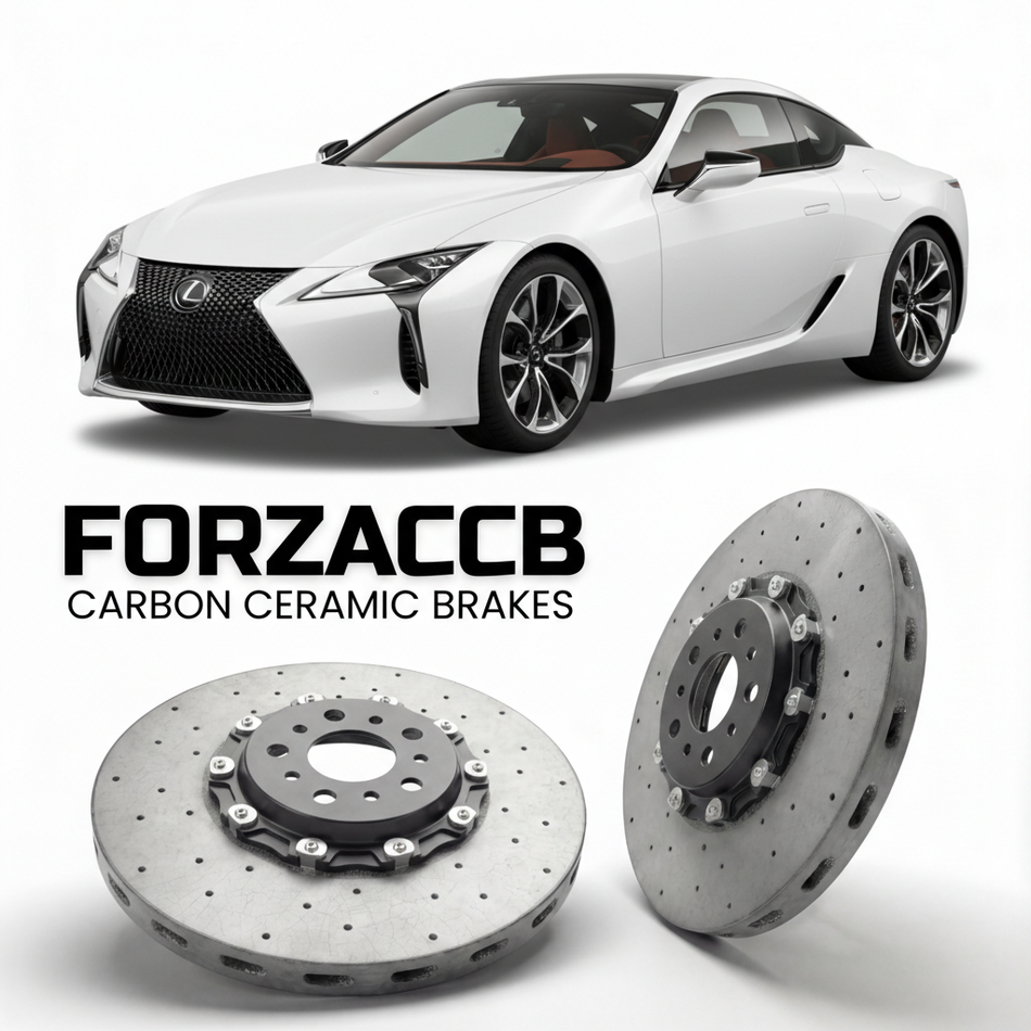 ForzaCCB direct OEM replacement carbon ceramic brake rotors for 2017 and newer Lexus LC 500h Z100 models, shown with a white Lexus LC 500h car.