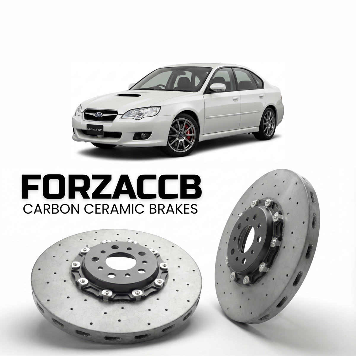 ForzaCCB direct OEM replacement carbon ceramic brake rotors for 2006 to 2012 Subaru Legacy GT models, shown with a white Subaru Legacy GT car.