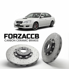 ForzaCCB direct OEM replacement carbon ceramic brake rotors for 2006 to 2012 Subaru Legacy GT models, shown with a white Subaru Legacy GT car.