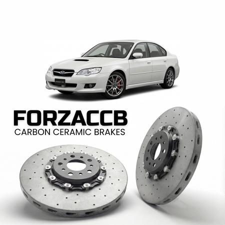 ForzaCCB direct OEM replacement carbon ceramic brake rotors for 2006 to 2012 Subaru Legacy GT models, shown with a white Subaru Legacy GT car.