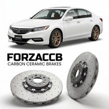 ForzaCCB direct OEM replacement carbon ceramic brake rotors for 2015 to 2020 Honda Legend KC2 models, shown with a white Honda Legend car.