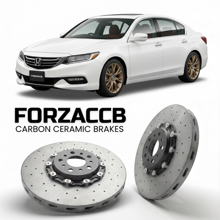 ForzaCCB direct OEM replacement carbon ceramic brake rotors for 2015 to 2020 Honda Legend KC2 models, shown with a white Honda Legend car.
