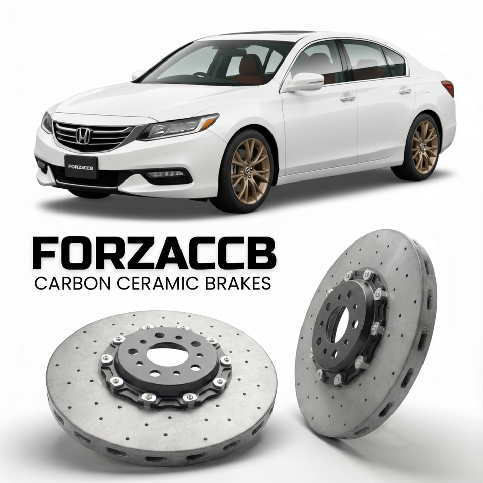 ForzaCCB direct OEM replacement carbon ceramic brake rotors for 2015 to 2020 Honda Legend KC2 models, shown with a white Honda Legend car.