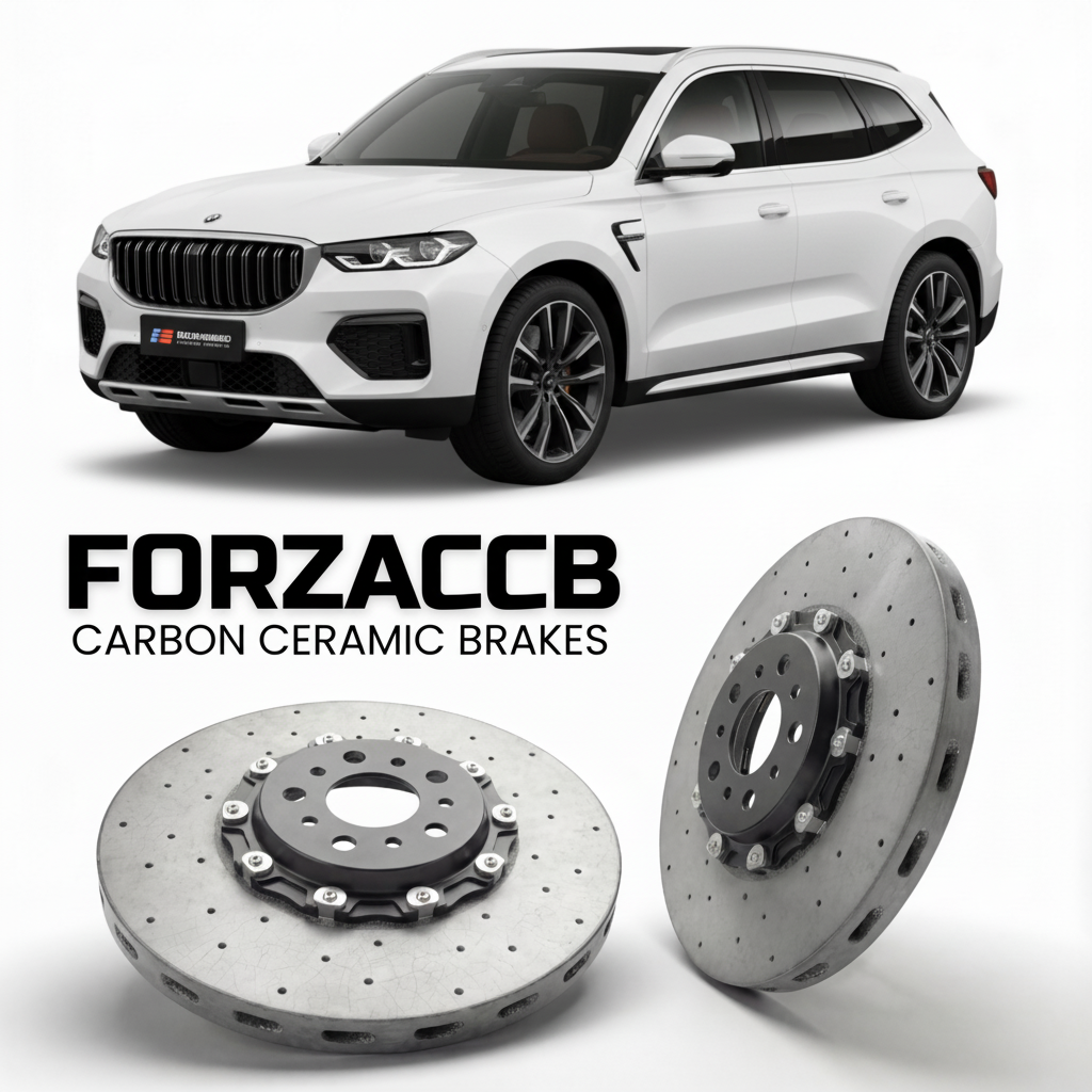 ForzaCCB direct OEM replacement carbon ceramic brake rotors for 2023 and newer Fangchengbao Leopard 5 models, shown with a white Fangchengbao Leopard 5 car.