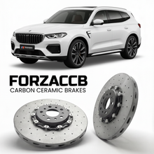 ForzaCCB direct OEM replacement carbon ceramic brake rotors for 2023 and newer Fangchengbao Leopard 5 models, shown with a white Fangchengbao Leopard 5 car.