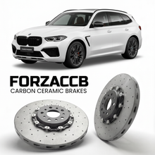 ForzaCCB direct OEM replacement carbon ceramic brake rotors for 2024 and newer Fangchengbao Leopard 8 models, shown with a white Fangchengbao Leopard 8 car.