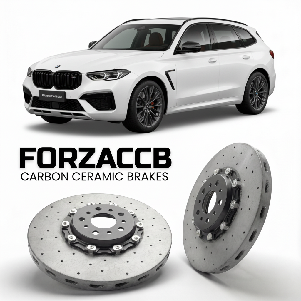 ForzaCCB direct OEM replacement carbon ceramic brake rotors for 2024 and newer Fangchengbao Leopard 8 models, shown with a white Fangchengbao Leopard 8 car.