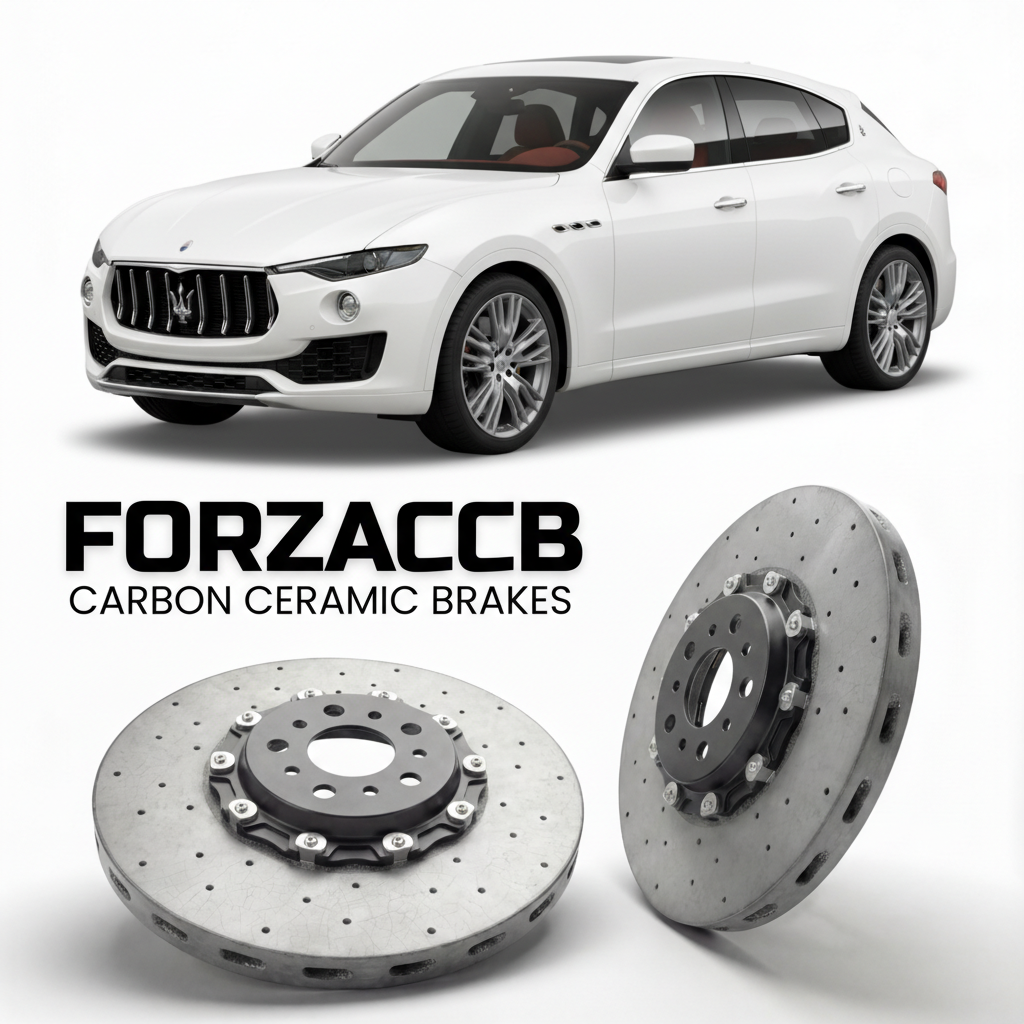 ForzaCCB direct OEM replacement carbon ceramic brake rotors for 2016 to 2024 Maserati Levante models, shown with a white Maserati Levante car.