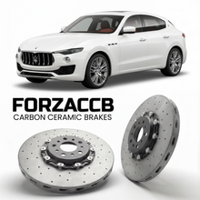 ForzaCCB direct OEM replacement carbon ceramic brake rotors for 2016 to 2024 Maserati Levante models, shown with a white Maserati Levante car.