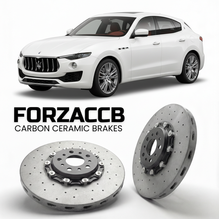 ForzaCCB direct OEM replacement carbon ceramic brake rotors for 2016 to 2024 Maserati Levante models, shown with a white Maserati Levante car.