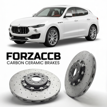 ForzaCCB direct OEM replacement carbon ceramic brake rotors for 2017 to 2024 Maserati Levante models, shown with a white Maserati Levante car.
