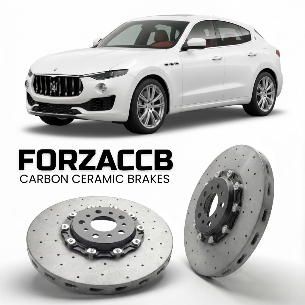 ForzaCCB direct OEM replacement carbon ceramic brake rotors for 2017 to 2024 Maserati Levante models, shown with a white Maserati Levante car.