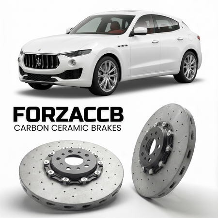 ForzaCCB direct OEM replacement carbon ceramic brake rotors for 2017 to 2024 Maserati Levante models, shown with a white Maserati Levante car.