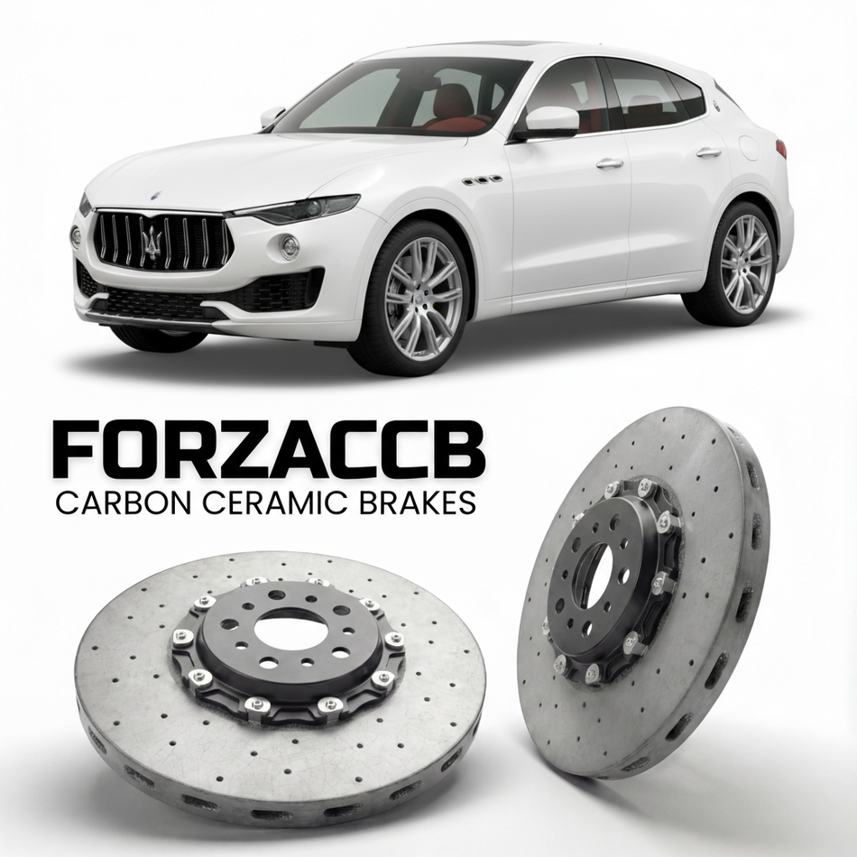 ForzaCCB direct OEM replacement carbon ceramic brake rotors for 2017 to 2024 Maserati Levante models, shown with a white Maserati Levante car.