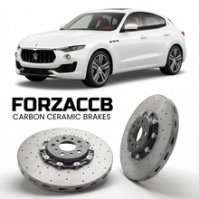 ForzaCCB direct OEM replacement carbon ceramic brake rotors for 2019 to 2024 Maserati Levante models, shown with a white Maserati Levante car.
